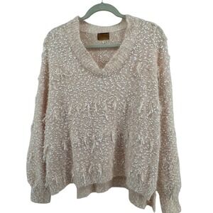 POL Women's Pink Fuzzy Eyelash Knit V Neck Sweater Fringe Detail Soft Cozy‎ L
